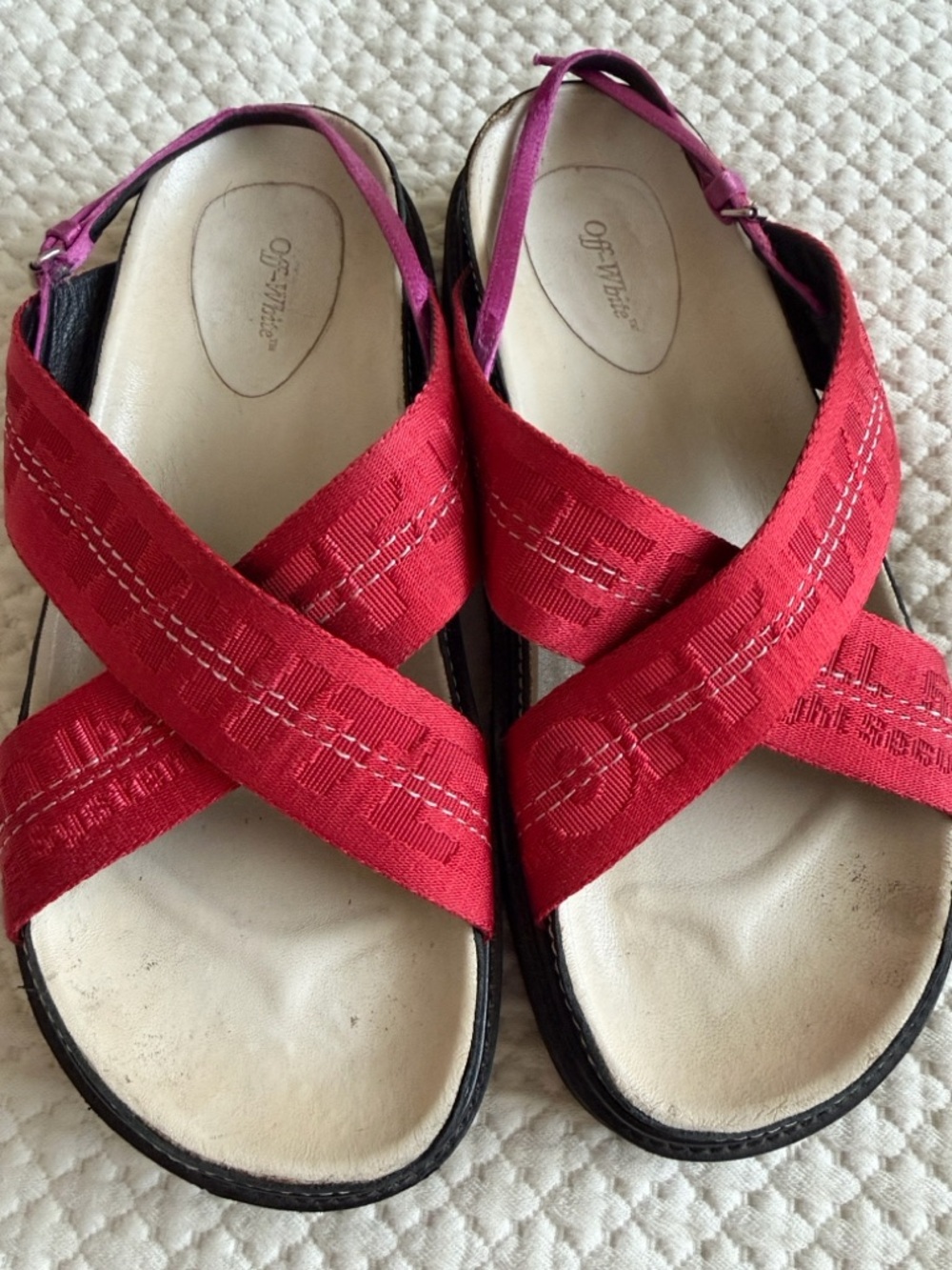 Off-White Red Crisscross Slingback Women’s Sandals with Pink Accent